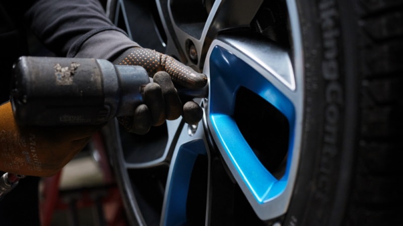 A close-up image of a pair of hands and a drill, tightening the bolts of a Lynk & Co wheel. 