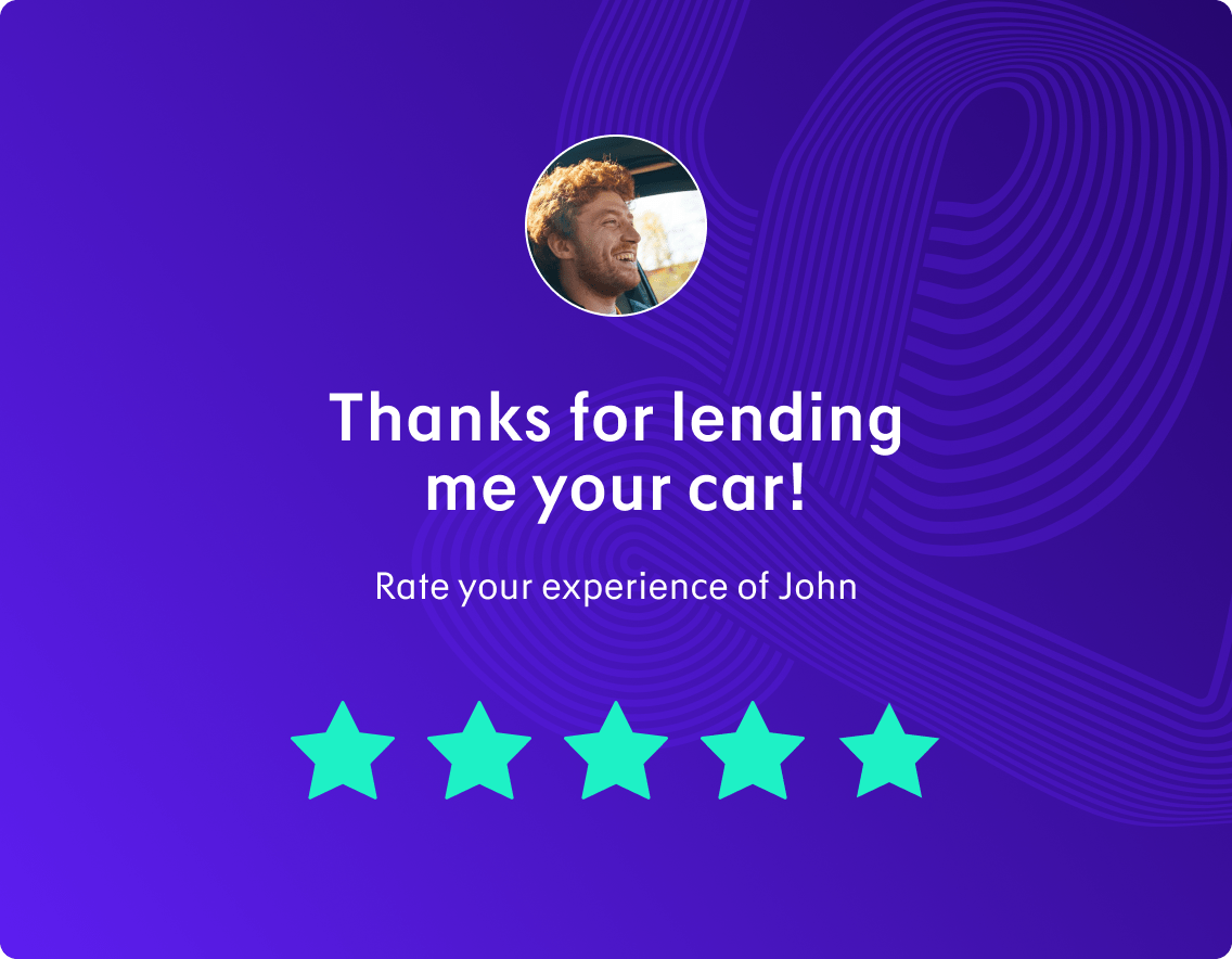 An image of a car sharing review within the Lynk & Co app. The borrower has rated the experience four stars out of five and thanks the lender for using their car. 